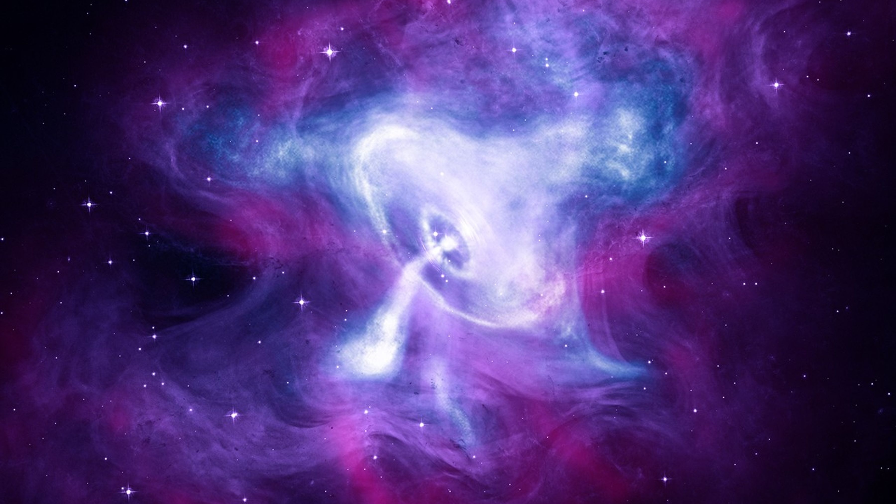 A Chandra X-ray Space Telescope image of the Crab Nebula, rendered in clouds of purple, pink, blue, and white.