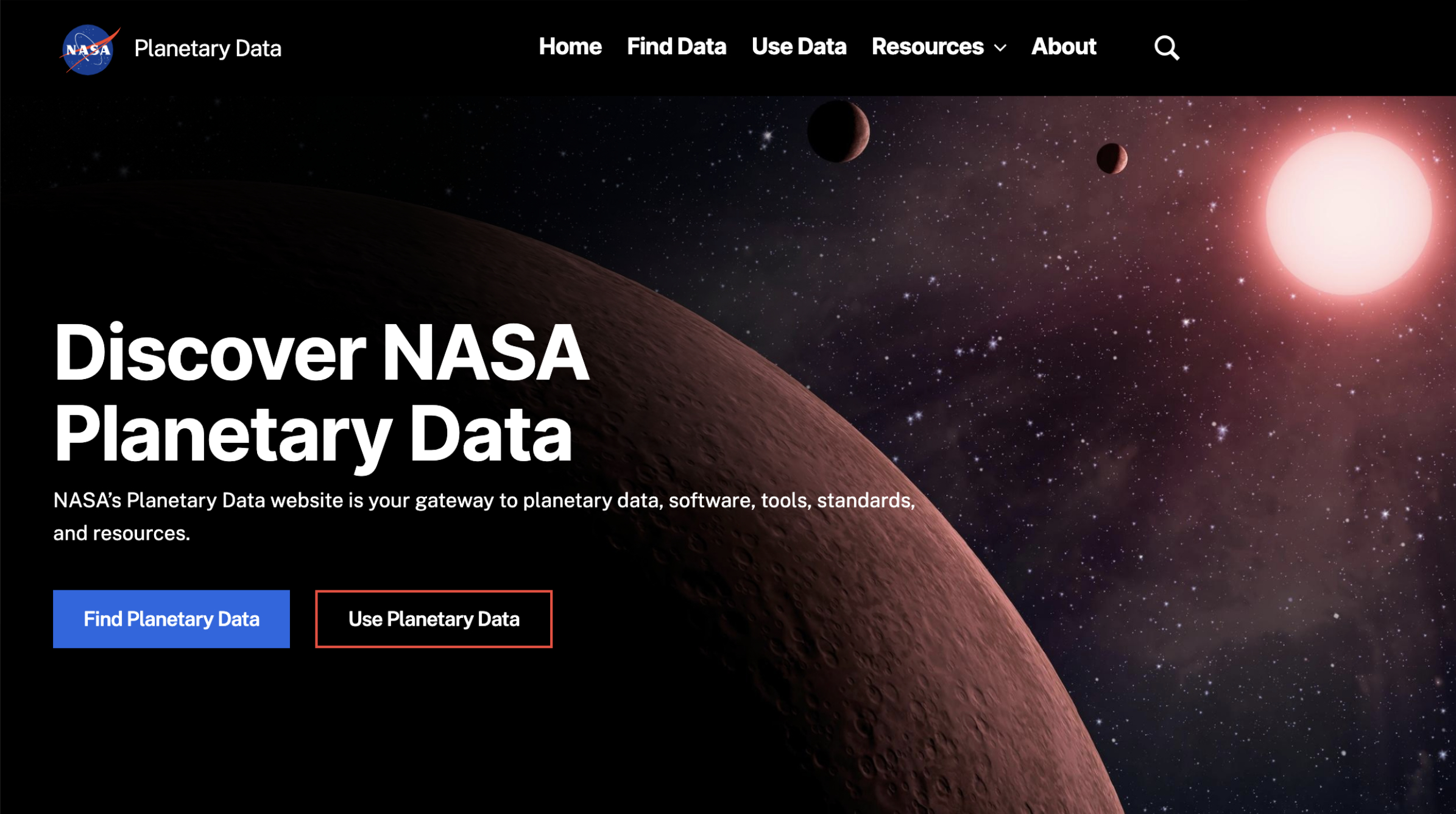 A screenshot of NASA's Planetary Data Ecosystem website hero. The background shows an artist's impression of a rocky exoplanet orbiting a red star. The title says &ldquo;Planetary Data Ecosystem,&rdquo; with a subtitle beneath that says &ldquo;NASA’s Planetary Data Ecosystem (PDE) helps make planetary data, software tools, standards, and resources available to the general public, and supports planetary researchers in discovering more about our solar system and beyond.&rdquo; Two orange buttons beneath the subtitle say &ldquo;Find Planetary Data&rdquo; and &ldquo;Use Planetary Data.&rdquo;